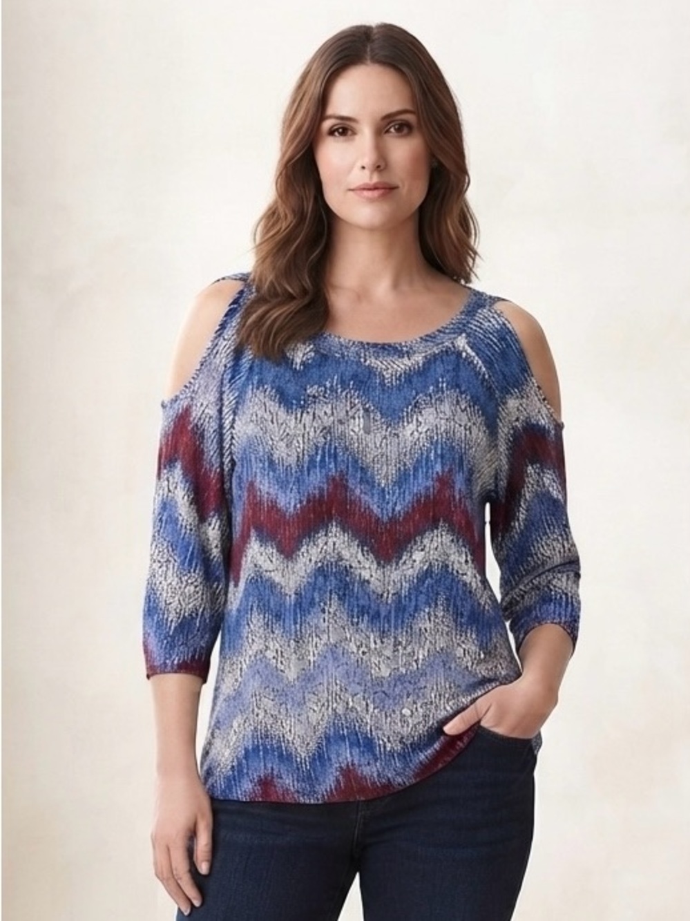 Fred David Blue Zigzag Cold Shoulder Top - Size Large (NWT)